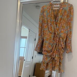 Floral Ruffle Tie-Waist Dress in Sage and Mustard